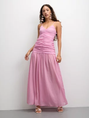 The FIX Women's Pink Chiffon V-neck Ruched Maxi Dress