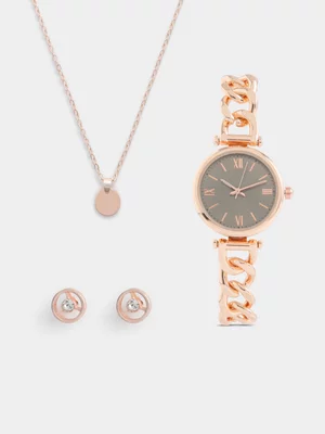 Exact Women's Rose Gold Necklace, Earrings & Watch Set