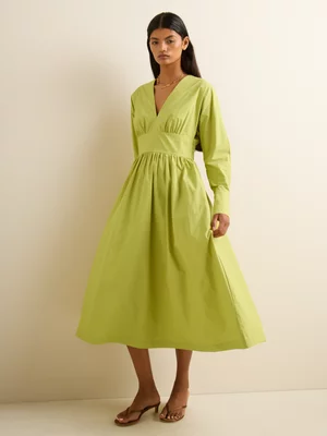 Women's Iconography Cuffed V-neck Fit & Flare Dress Chartreuse