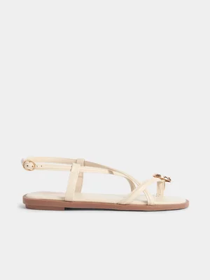 The FIX Women's Cream Toe Post Trim Flat Sandal