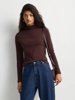 Rib Highneck Long Sleeve Fitted Top