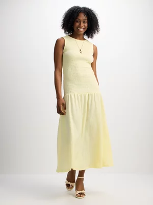 Jet Women's Yellow Smocked Textured Sleeveless Maxi Dress