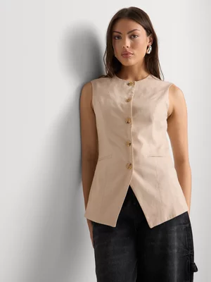High Round Neck Linen Blend Waistcoat