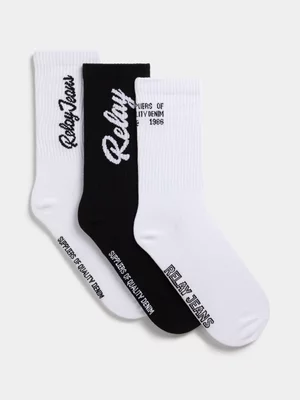 Relay Jeans Men's 3PK Shaft Scripted Black/White Socks