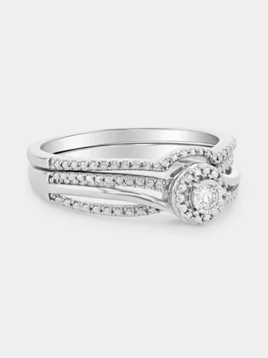 Sterling Silver Lab Grown Diamond Solitaire Round Halo Twinset Ring 