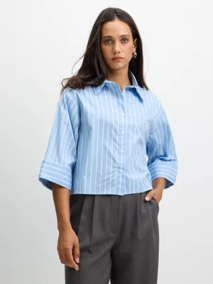 Exact Women's Blue & White Striped Crop Boxy Shirt