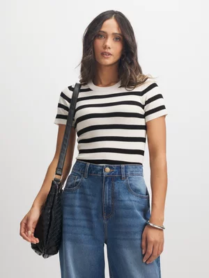 Exact Women's White & Black Striped Knit Top