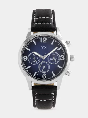 MX Silver Plated Black Dial Blue Black Faux Leather Watch 