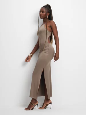 The FIX Women's Brown Strappy Asymetric Maxi Dress 