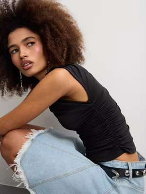 The FIX Women's Black Fitted Top with Ruching And Knot