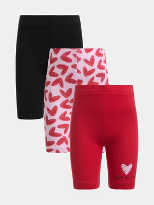 Jet Girls 3 Pack Black Red Heart AOP Cycling Shorts
