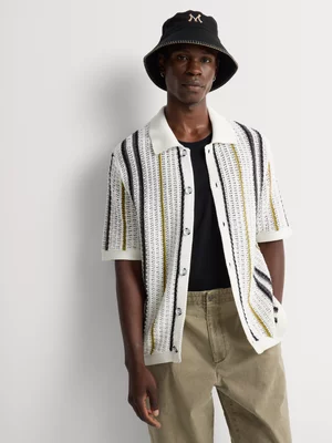 Markham Men's Stripe Crochet Natural Knitwear Shirt