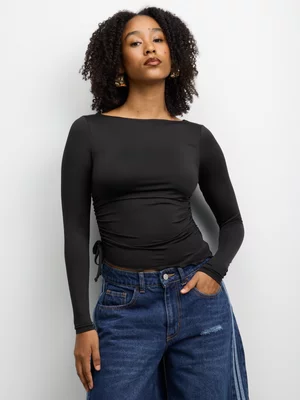 The FIX Women's Black Boat Neck Top With Side Ties