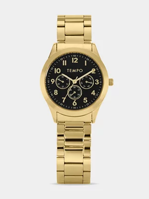 Tempo Gents Gold Toned Analogue Black Multi-Dial Look Watch