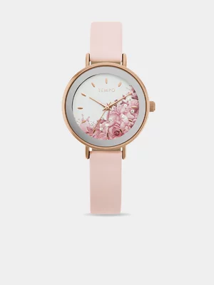 Tempo Ladies Rose Toned Pink Leather Watch With Floral Detail