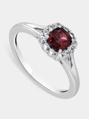 Sterling Silver Diamond & Garnet Cushion Halo Ring