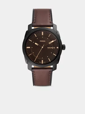 Fossil Men's Machine Black Toned & Brown Leather Watch