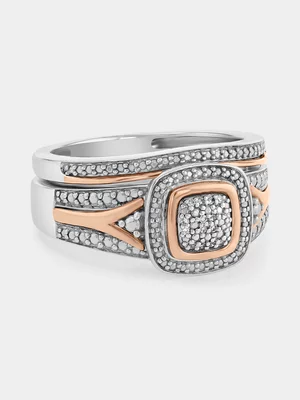 Rose Gold & Sterling Silver Diamond Cushion Halo Twinset Ring