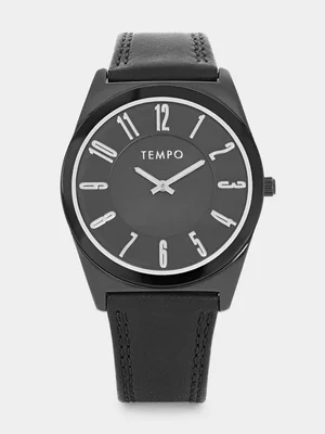 Tempo Men’s Black Plated Black Leather Watch