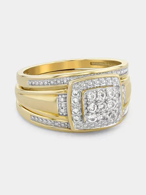 Yellow Gold Diamond& Created Sapphire Cushion Halo Triple Set Ring