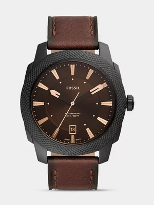 Fossil Men's Machine Black Plated Stainless Steel & Brown Leather Watch