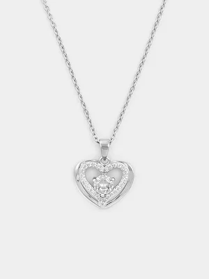 Sterling Silver Cubic Zirconia Solitaire Double Heart Pendant