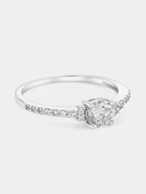 Sterling Silver Cubic Zirconia Solitaire Pavé Promise Ring