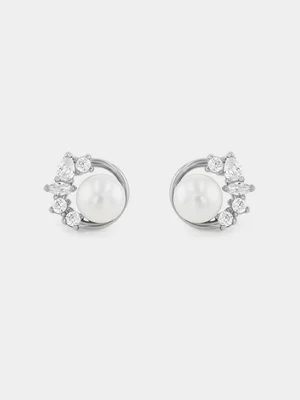Sterling Silver Freshwater Pearl Cubic Zirconia Circle Stud Earrings
