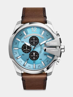 Diesel Mega Chief Blue Dial Brown Leather Chronograph Watch