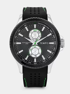 Tempo Gunmetal Plated Black & Green Silicone Watch 