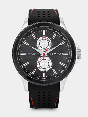 Tempo Gunmetal Plated Black & Red Dial Black Silicone Watch 