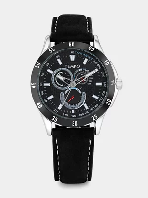 Tempo Black Plated Black Dial Black Leather Watch 