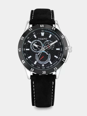 Tempo Black Plated Black Dial Black Leather Watch 