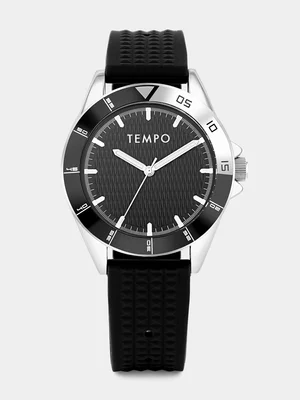 Tempo Silver & Black Plated Black Dial Black Silicone Watch 