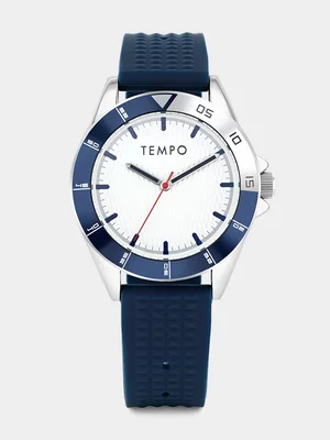 Tempo Silver & Blue Plated White Dial Blue Silicone Watch 