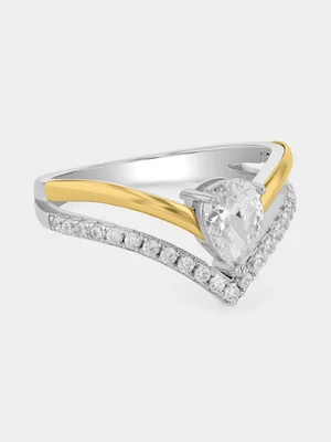 Yellow Gold & Sterling Silver Cubic Zirconia Pear Shape Tiara Ring 
