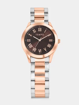 Tempo Rose Plated Brown Dial Two-Tone Bracelet Watch 