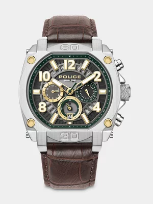 Police Norwood Stainless Steel Black Dial Brown Leather Chronographic Watch