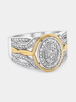 Yellow Gold & Sterling Silver Diamond & Created Sapphire Oval Halo Woven Ring 