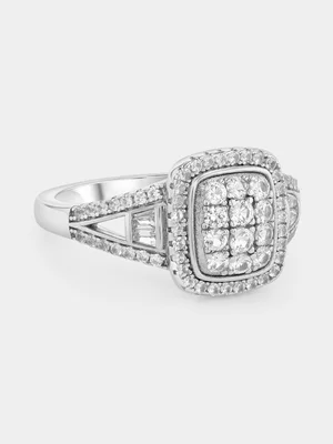 Sterling Silver Diamond & Created Sapphire Regtangle Halo Ring 