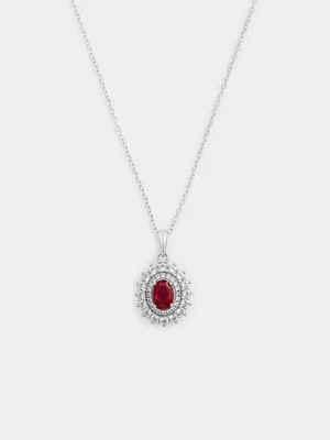 Sterling Silver Diamond & Created Ruby Oval Halo Pendant 
