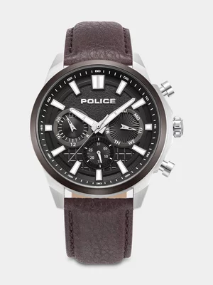 Police Rangy Stainless Steel Black Dial Brown Leather Chronograph Watch