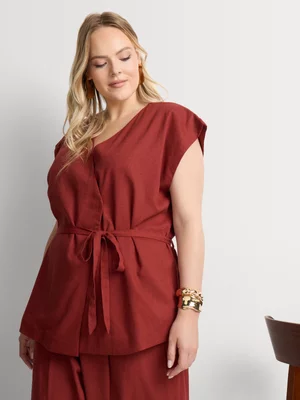 Linen Blend Belted Wrap Waistcoat