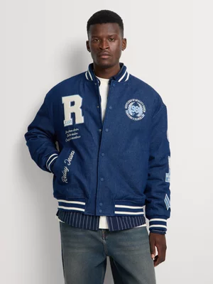 Relay Jeans Men's Padded Denim Blue Varsity Jacket