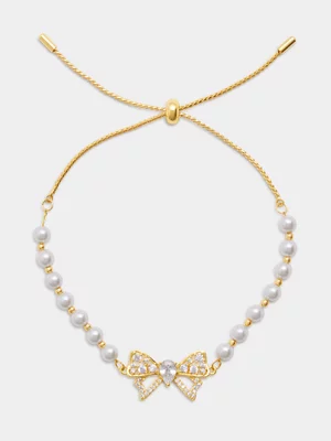 14ct Gold Plated Pearl & Cubic Zirconia Bow Slider Bracelet   