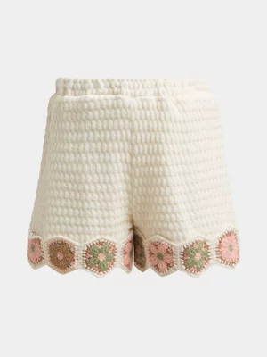 Jet Younger Girls Cream Crochet Shorts