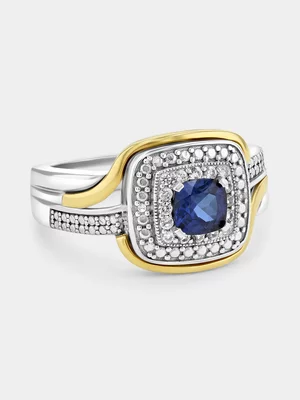 Yellow Gold & Sterling Silver Diamond & Created Blue Sapphire Cushion Ring 