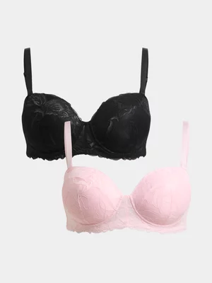Jet Women's 2 Pack Pink and Black Elastic Lace Balconette Bra