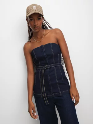 The FIX Women's Dark Wash Bandeau Belted Top