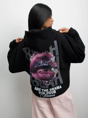 The FIX Women's Black Oversized Fleece Cherry Graphic Hoodie